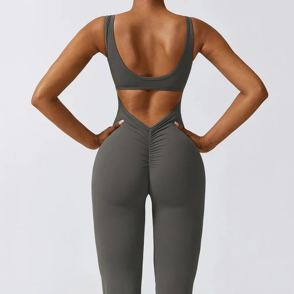 Sem mangas scrunch butt yoga macacão acolchoado fitness bodysuit roupas esportivas de treino de uma peça feminino sem costas queimado conjunto de ginásio