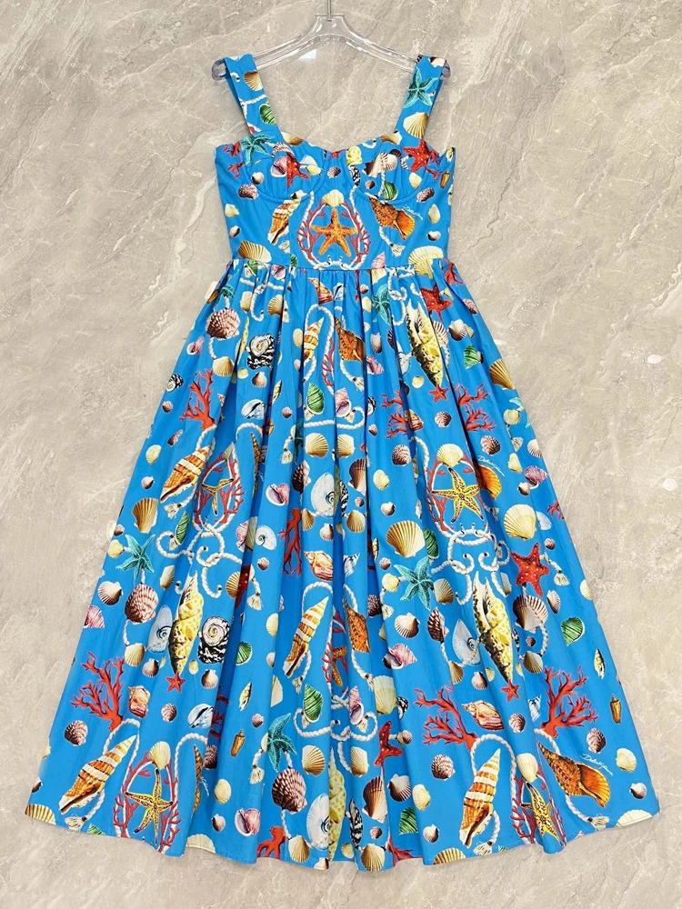 AELESEEN High Quality 100% Cotton Dress Women Sicilian Summer Spaghetti Strap Blue Shell Starfish Print Elegant Poplin Long