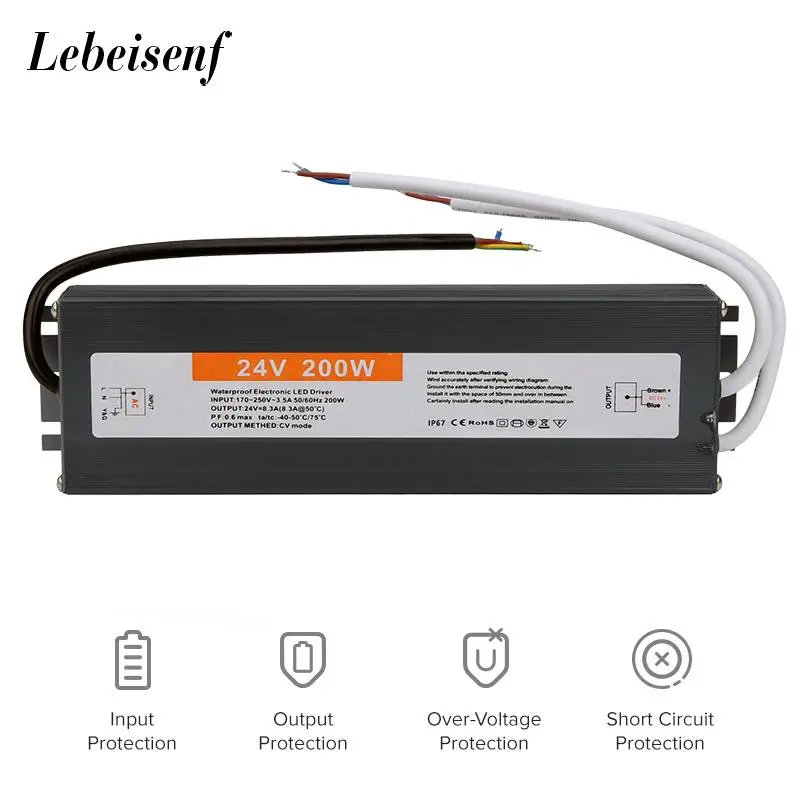 

170-250V AC to DC 24V 200W 8.3A Lighting Transformer LED Drive Adapter Aluminum IP67 Outdoor Waterproof Switching Power Supply