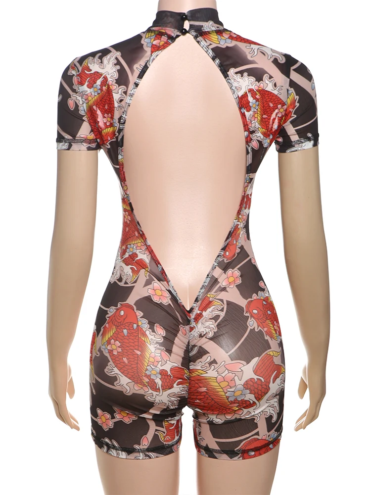 Nibber vestido feminino de tendência de verão, malha de malha através das nádegas de pêssego, shorts de manga sem encosto, estampa estética, meia-noite, clube