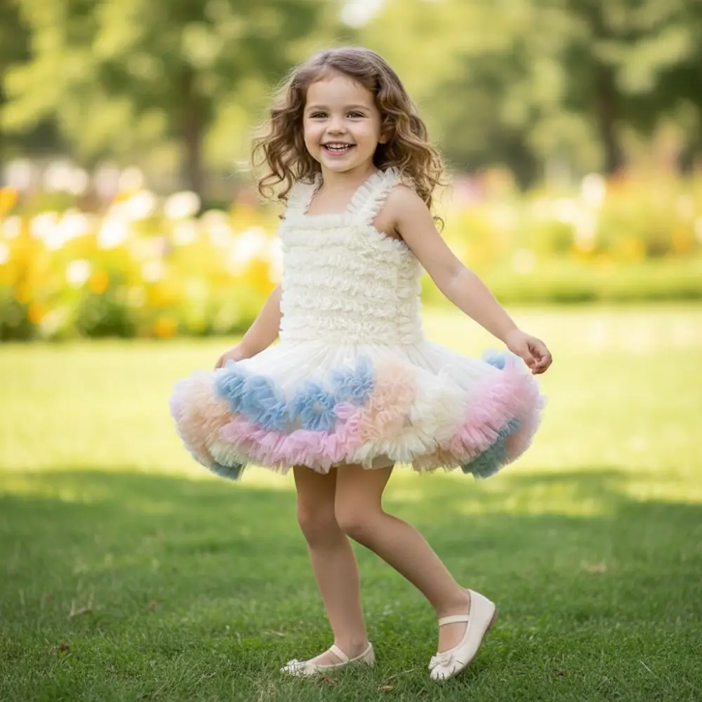 Elegant Fluffy Gauze Girl Tutu Dress Soft Ruffled Tutu Dress Breathable Cake Dress Children Clothes