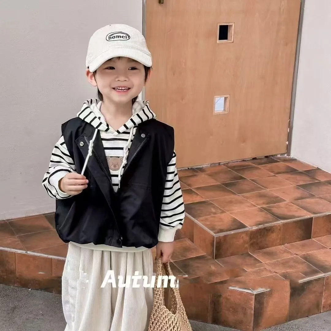 

Модный детский комплект из 2 предметов для мальчиков и девочек: свободная толстовка с капюшоном и жилетка, повседневная одежда для детей на весну-осень