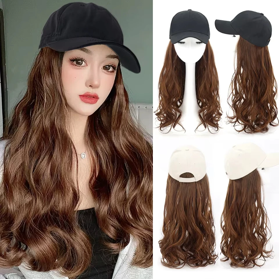 24Inch Synthetic Baseball Cap Hair Extensions Long Wavy Curly Adjustable Hat Wig Easy Wear for Daily Party Women