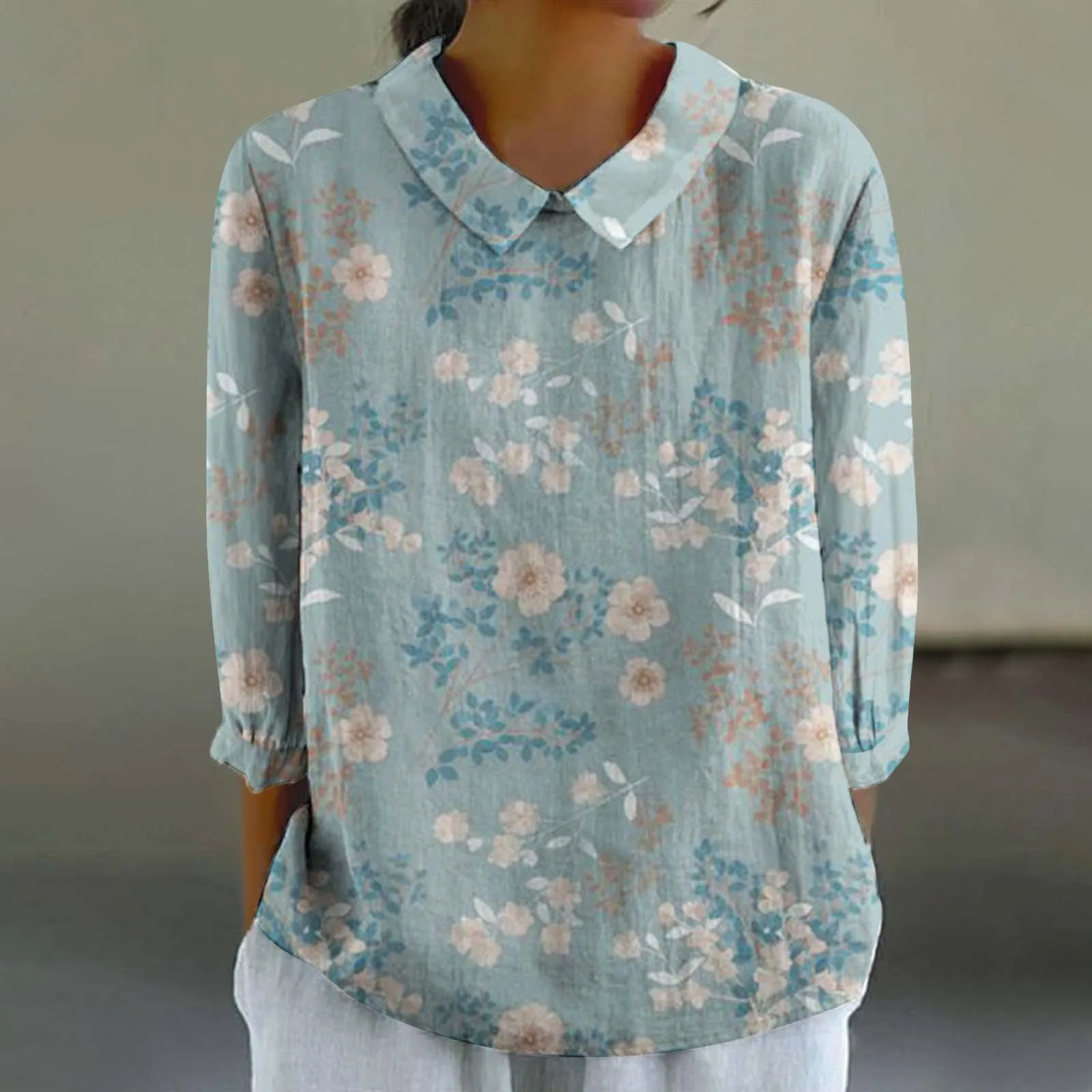 T-shirt en lin à col rond pour femme, chemise décontractée, chemise à revers, bouton, art floral