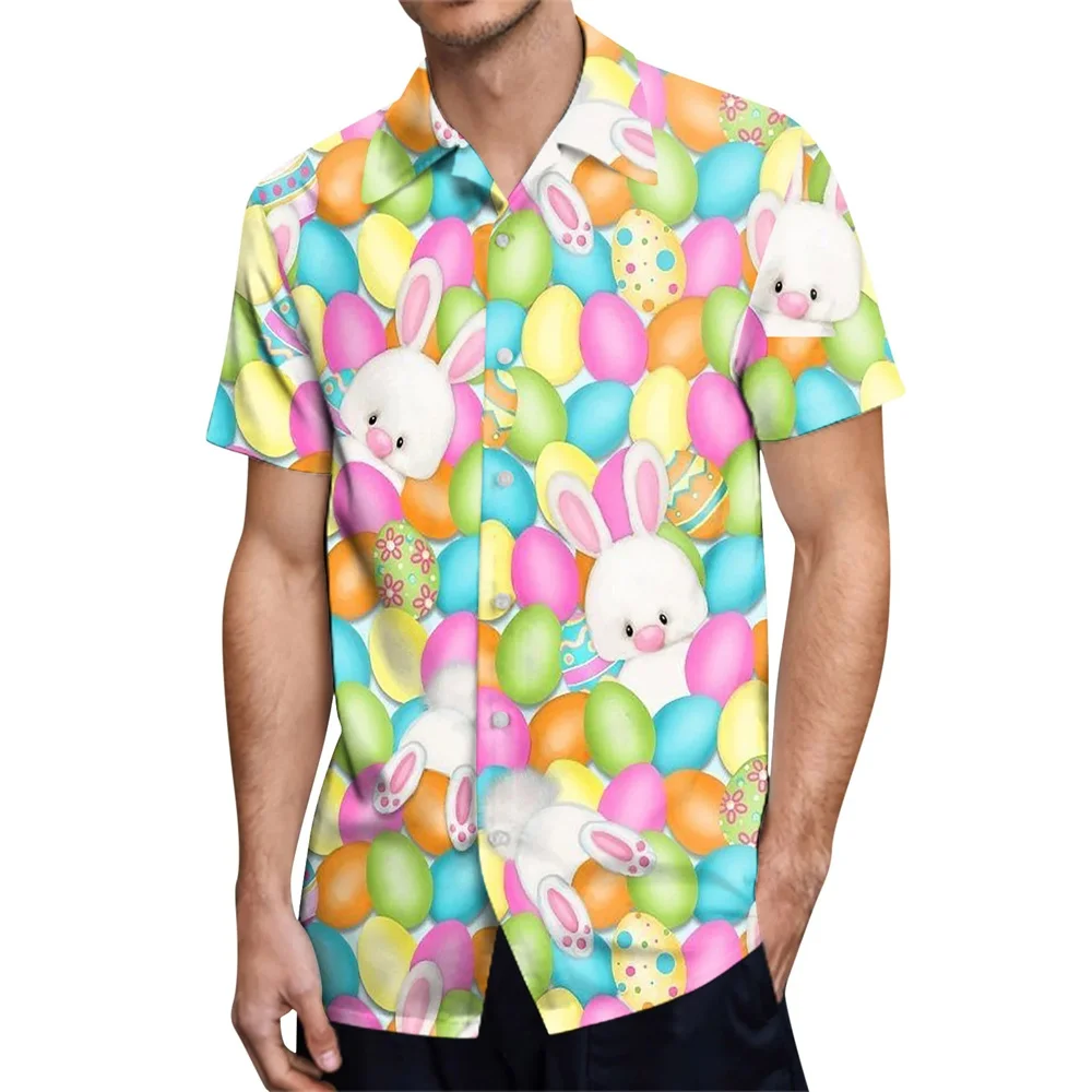 Happy Easter Day Kawaii Men Cartoon Rabbit Hawaiian Shirts 3D Printed Beach Shirt Women Clothe Kids Colored Egg Shirt Button Top