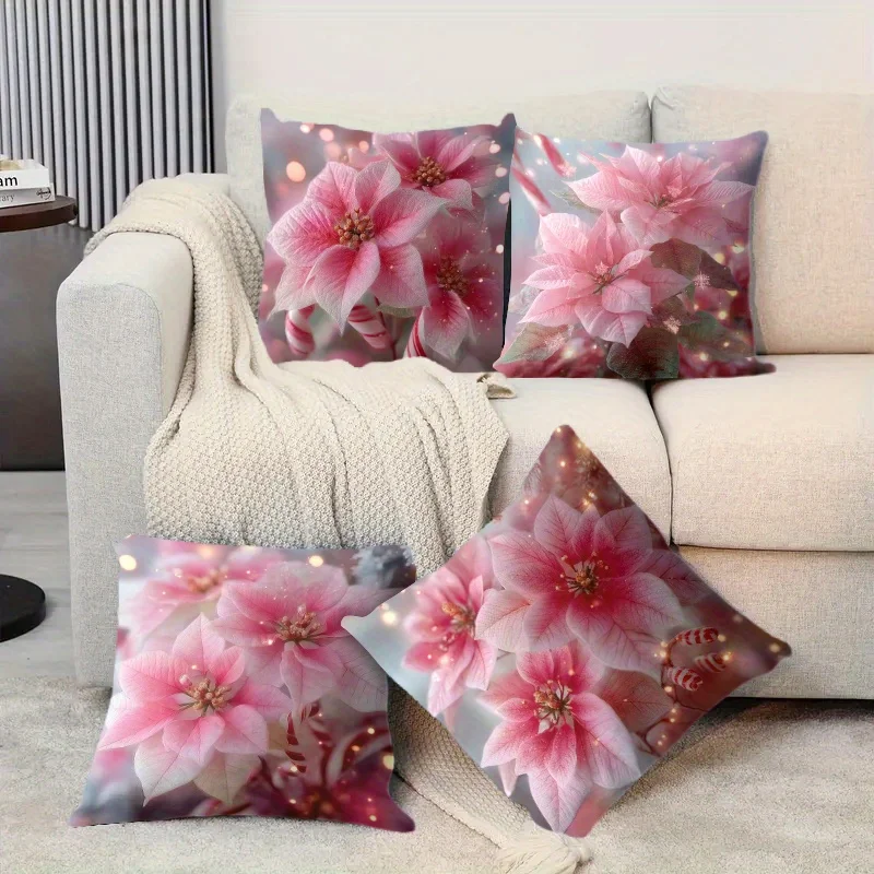 

4Pcs Pink Christmas Pillow Covers, Poinsettia Floral Cushion Cases with Candy Cane Accents for Sofa Living Room Bedroom Home