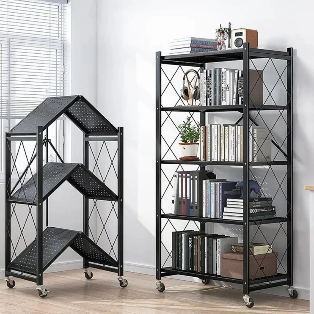 Foldable Metal Storage Shelves Foldable Large Iron Frame Storage Multifunctional Living Room Rack Kitchen Storage Shelf Wheels