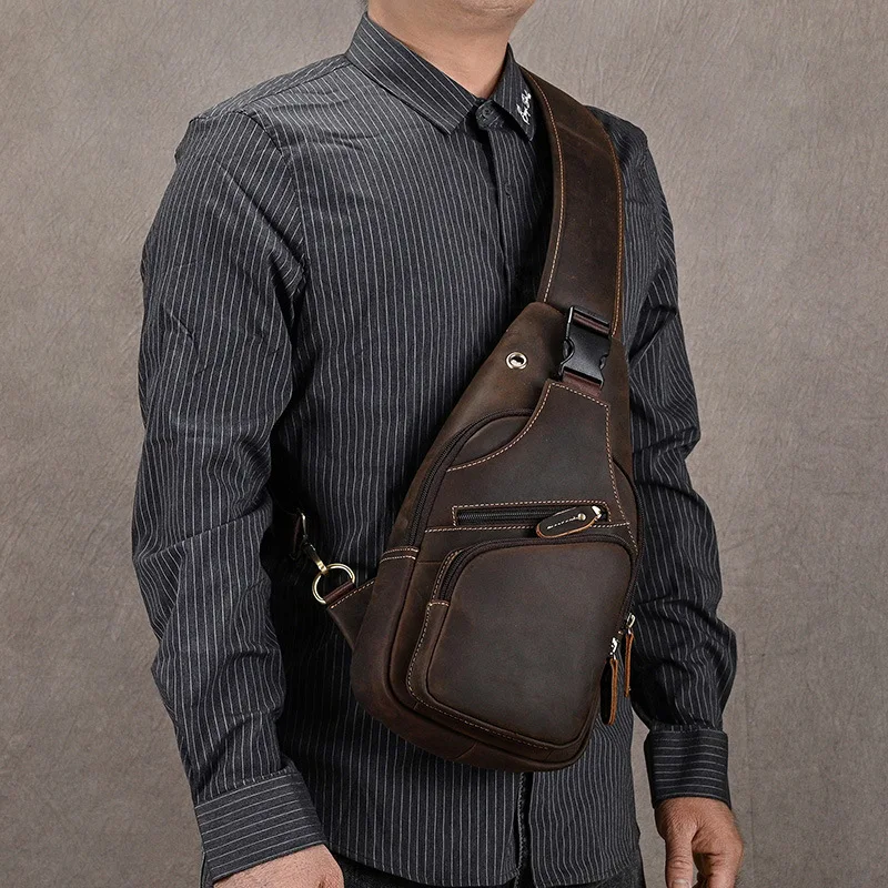 Crazy Horse leather lock zipper chest bag men retro multi-pocket large capacity diagonal cross back one shoulder casual bag