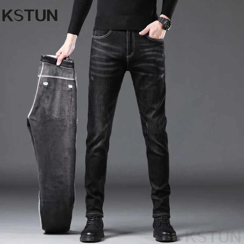 

KSTUN 2025 Winter Skinny Jeans Men Warmer Fleece-lined Jeans Slim Thicken Black Men's Trousers Casual Male Denim Pants