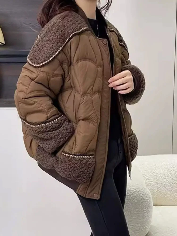 패션 스플라이싱 두꺼운 코트 재킷 스탠드 칼라 배기핏 지퍼 따뜻한 패치워크 여성 캐주얼 루즈 탑스 자켓