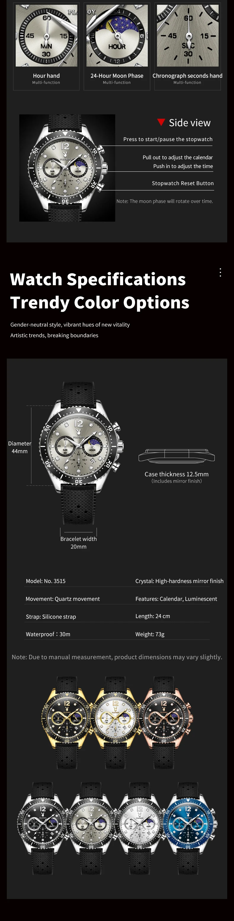 PLAYBOY 3515 Luxus Herrenuhr Mode Silikonarmband Chronograph Mondphase Herrenuhr Marken-Original Quarz-Armbanduhr für Männer – Detail 7