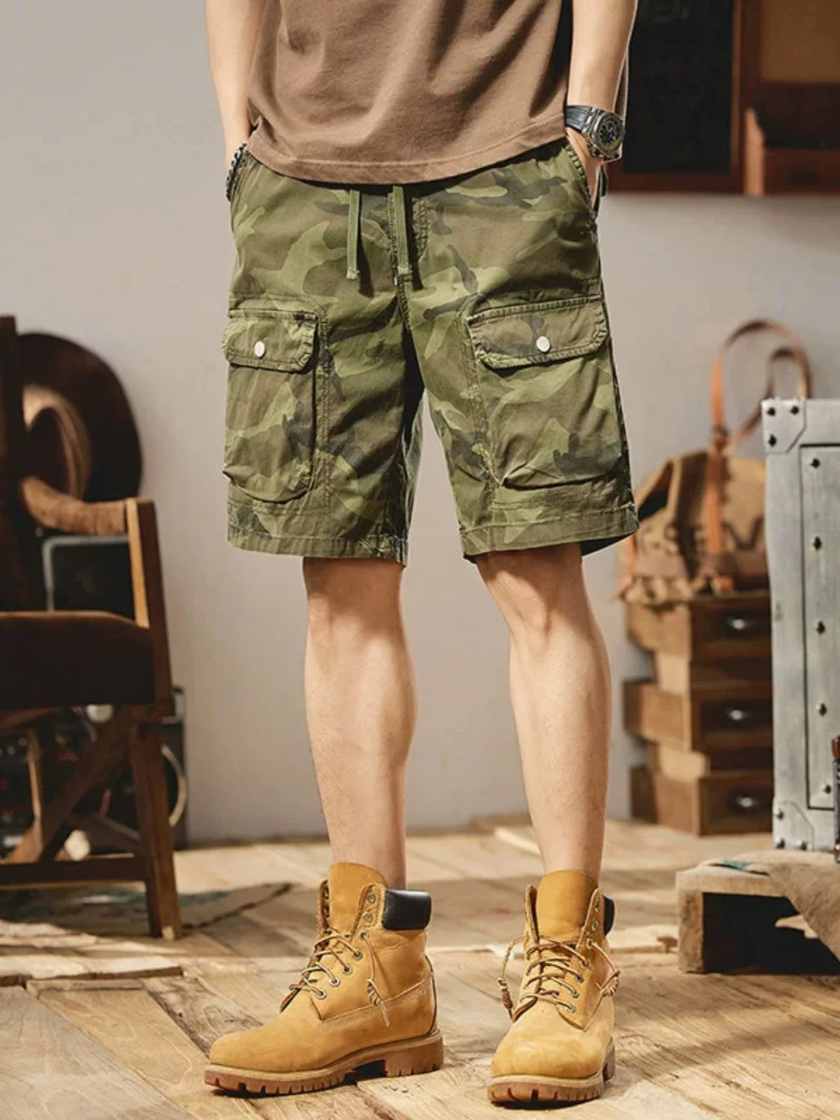 Waed Pantaloni da lavoro da uomo casual Camouflage estivo Multi-ket Loose Fit Orbs a cinque quarti Gamba dritta Spor di media lunghezza