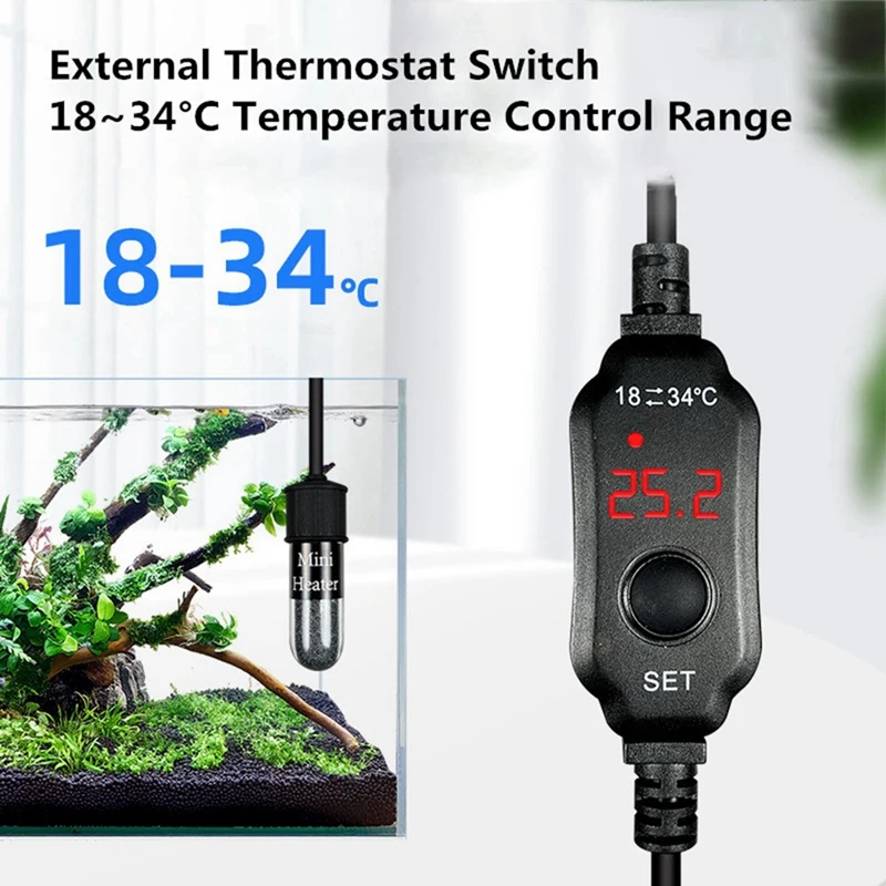 Batang pemanas akuarium, Pemanas tangki ikan Mini pengisian USB, termostat dapat disesuaikan suhu 18-34 ℃