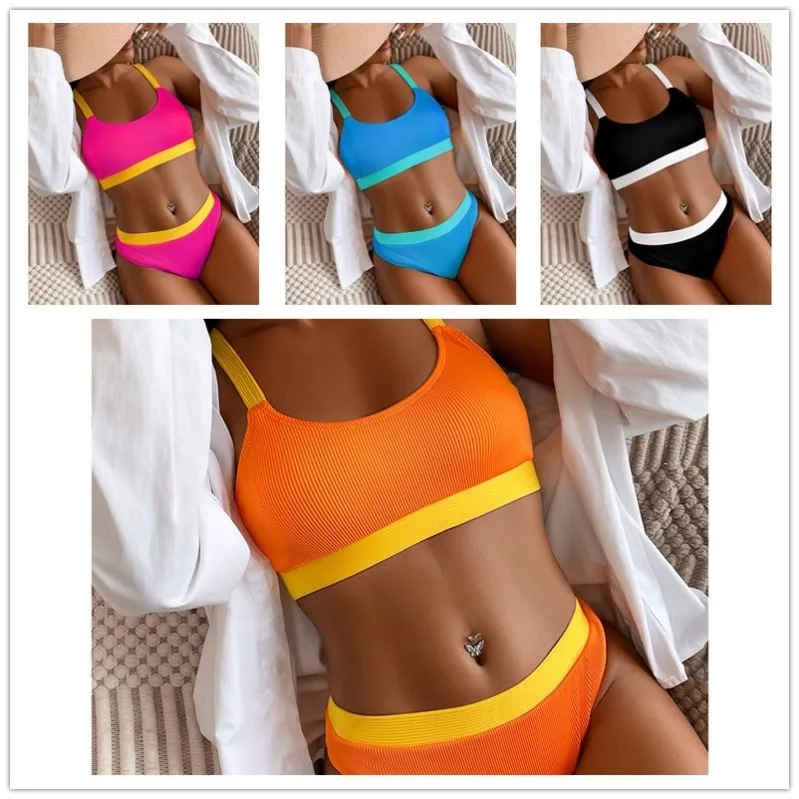 

Цветной купальник-бикини с высокой талией в полоску, жилет, отдельный женский полиэстер, спортивные товары для йоги, фитнеса, фанатов