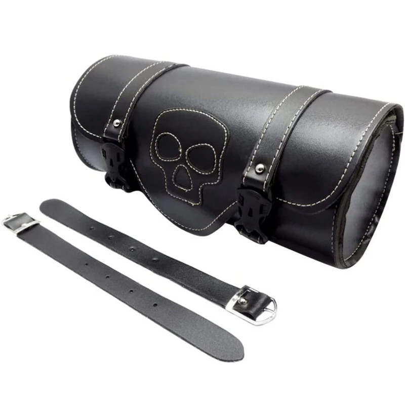 Motorcycle Cruiser Tool Bag Handlebar Bag PU Leather Motorcycle Front Forks Roll Barrel Bag Front Rear Storage Tool Pouch Black