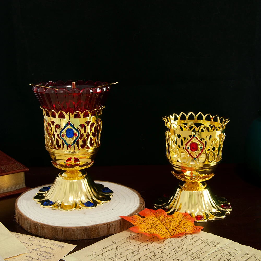 

Orthodox Church Candle Holder Gold Plated Single Candlestick with Colored Enamel Religion Church Home Table Easter Decor