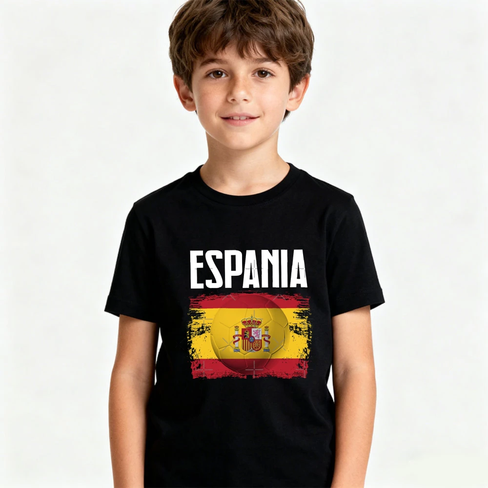 Espania Brush Stroke Flag Emblem Soccer Graphic Shirt Kids Boys and Girls Short Sleeve Soccer Party Supplies Casual Daily Outfit