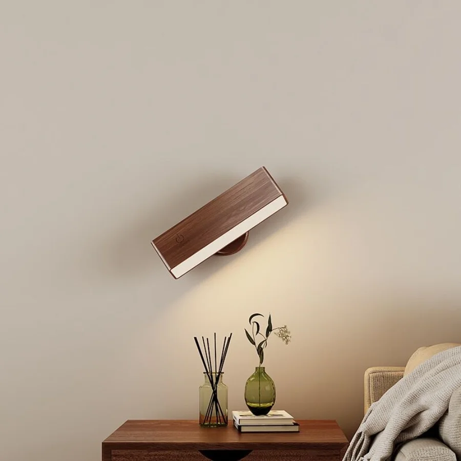 New design Rotatable wooden wall light Wireless Wall Mounted Light Rechargeable Magnetic LED Wall Reading Lamp for Bedside