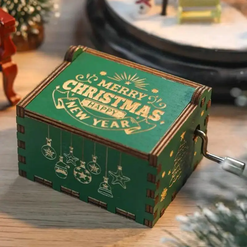 Classic Wooden Music Box Vintage Christmas Elements Hand Crank Music Box Delicate Ornament Exquisite Christmas Gift For Family