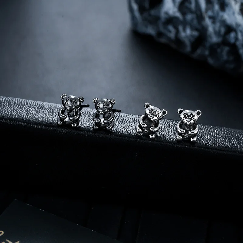 3D X Eyes Sitting Bear Stainless Steel Stud Earrings Cute Gothic Punk Unisex Hip Hop Daily Ear Accessory for Guys