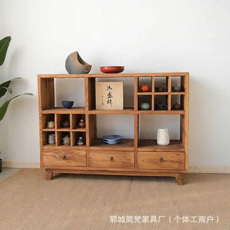 Household small solid wood Bogu rack Floor-to-ceiling multi-grid teapot cup holder Dining side cabinet Old elm
