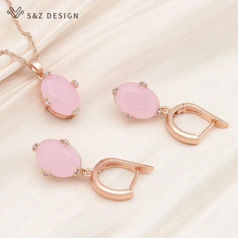 S&Z DESIGN New Fashion Oval Pink Cubic Zirconia Drop Earrings Pendant Necklace Jewelry Sets For Women Girl Elegant Jewelry