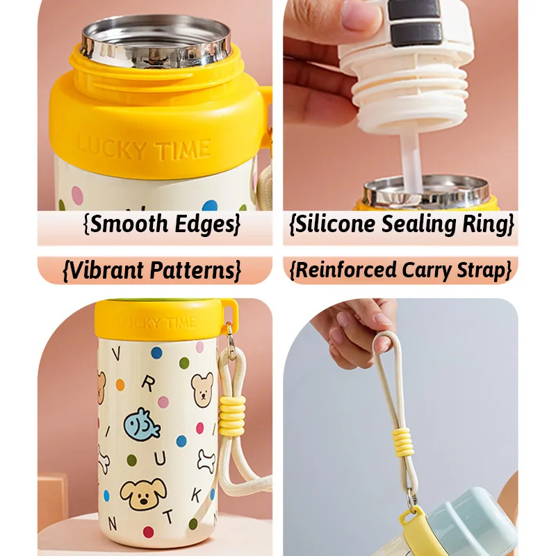 لطيف الكرتون SUS316 كوب حراري داخلي أوضاع شرب ثلاثية مانعة للتسرب مقبض محمول متعدد الطبقات العزل حواف ناعمة