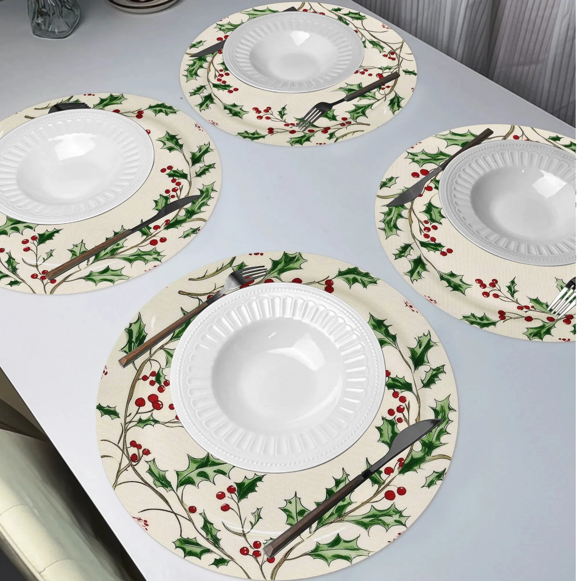 VIKAMA 4PC Holly Berry Meal Mat Red Berry Green Leaf Dining Table Restaurant Christmas Party Decoration