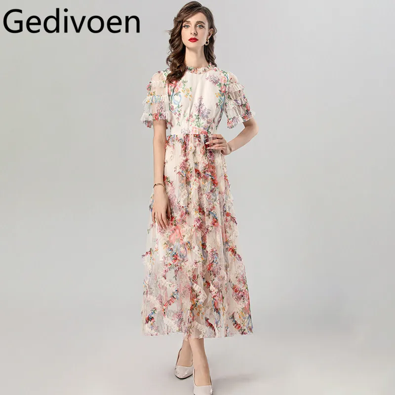 

Gedivoen Summer Fashion Runway Designer Dresses Women's Bohemian Floral Print Cascading Ruffle Net Yarn Temperament Dresses