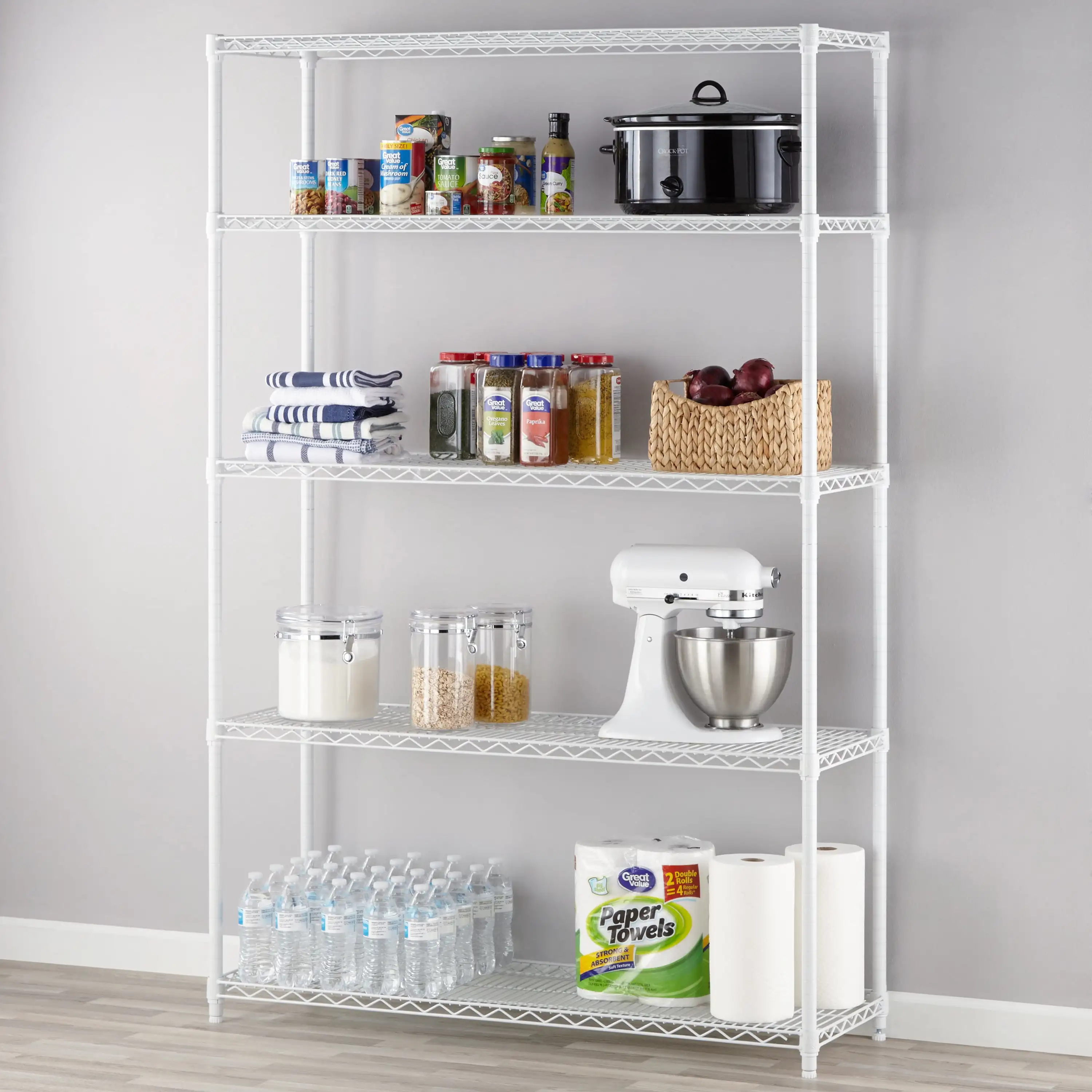 Ripiano in filo bianco 5 livelli resistente 72"H X 48"L X 16"D 3000 libbre Capacità totale Facile montaggio senza attrezzi necessari