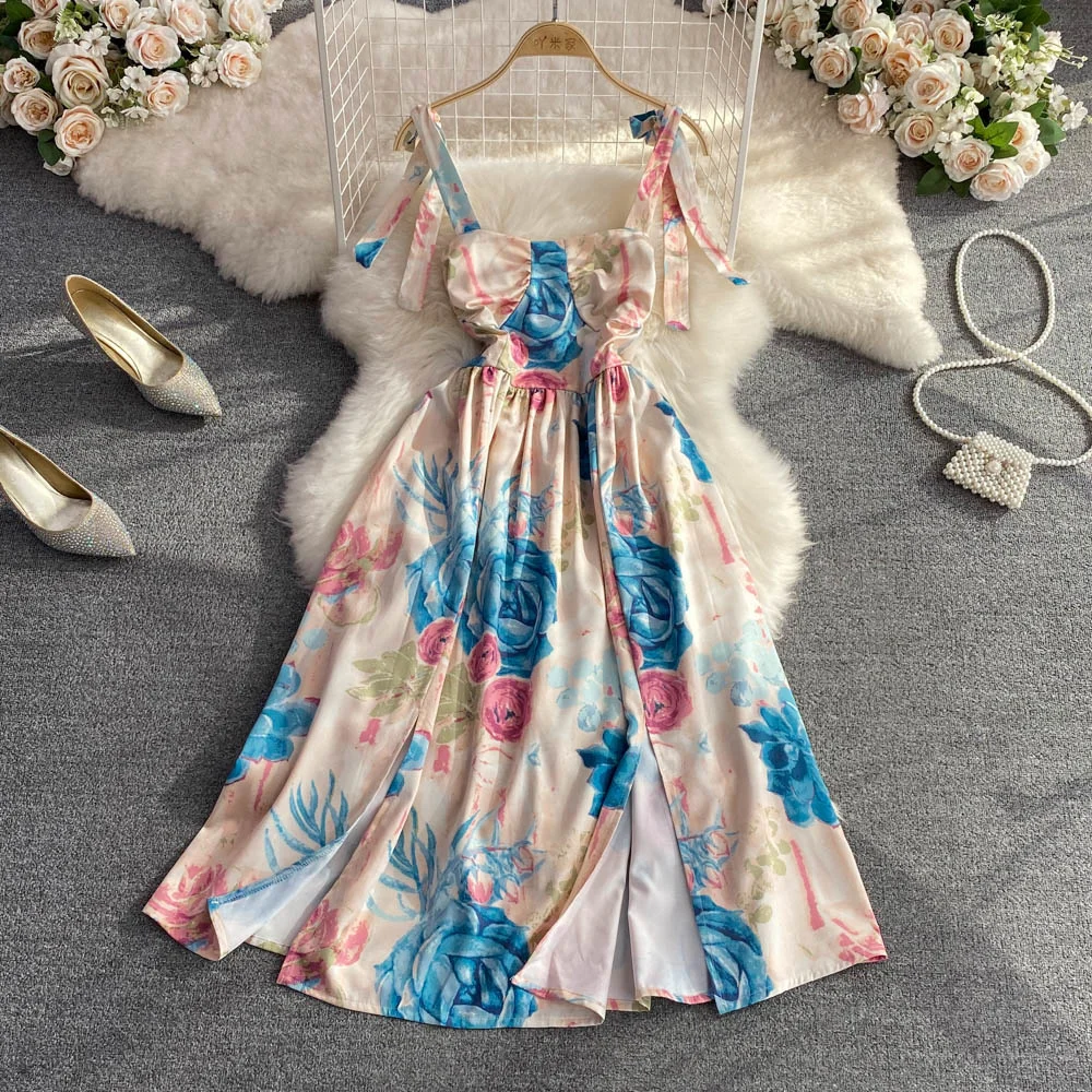

Super Fairy Seaside Holiday Travel Suspender Dress Women Retro Oil Paint Print Thin Strap Dress Women Waist Slit A-line Dress