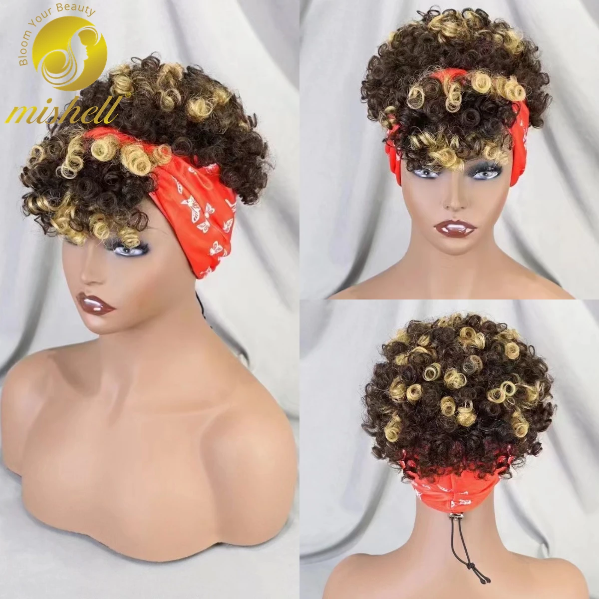 4/27 Highlight Ombre Machine Made Wig with Bangs Afro Kinky Curly Scarf Wigs Bouncy Curly Human Hair Wig 180% Density for Women