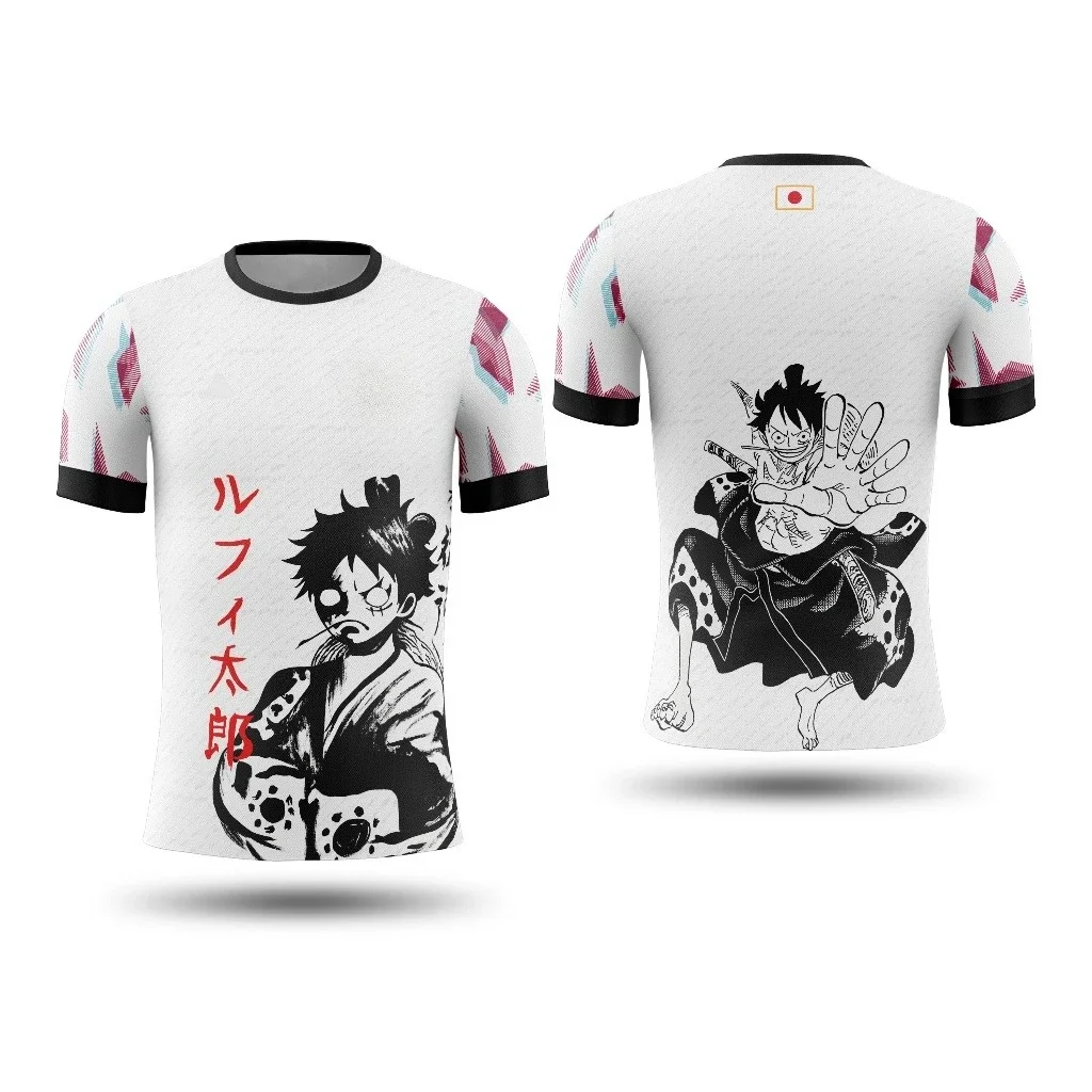 Camiseta de anime de One Piece Luffy - Blanca con texto japonés y diseño gráfico único para fanáticos de los deportes de Manga - Camisa de estilo