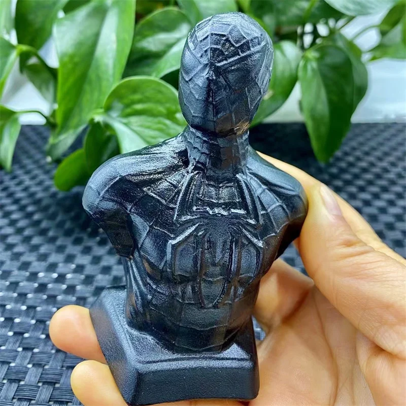 

Natural Black Obsidian Cartoon Hero Carving Cute Crystal Healing Energy Fengshui Home Decoration 1PCS