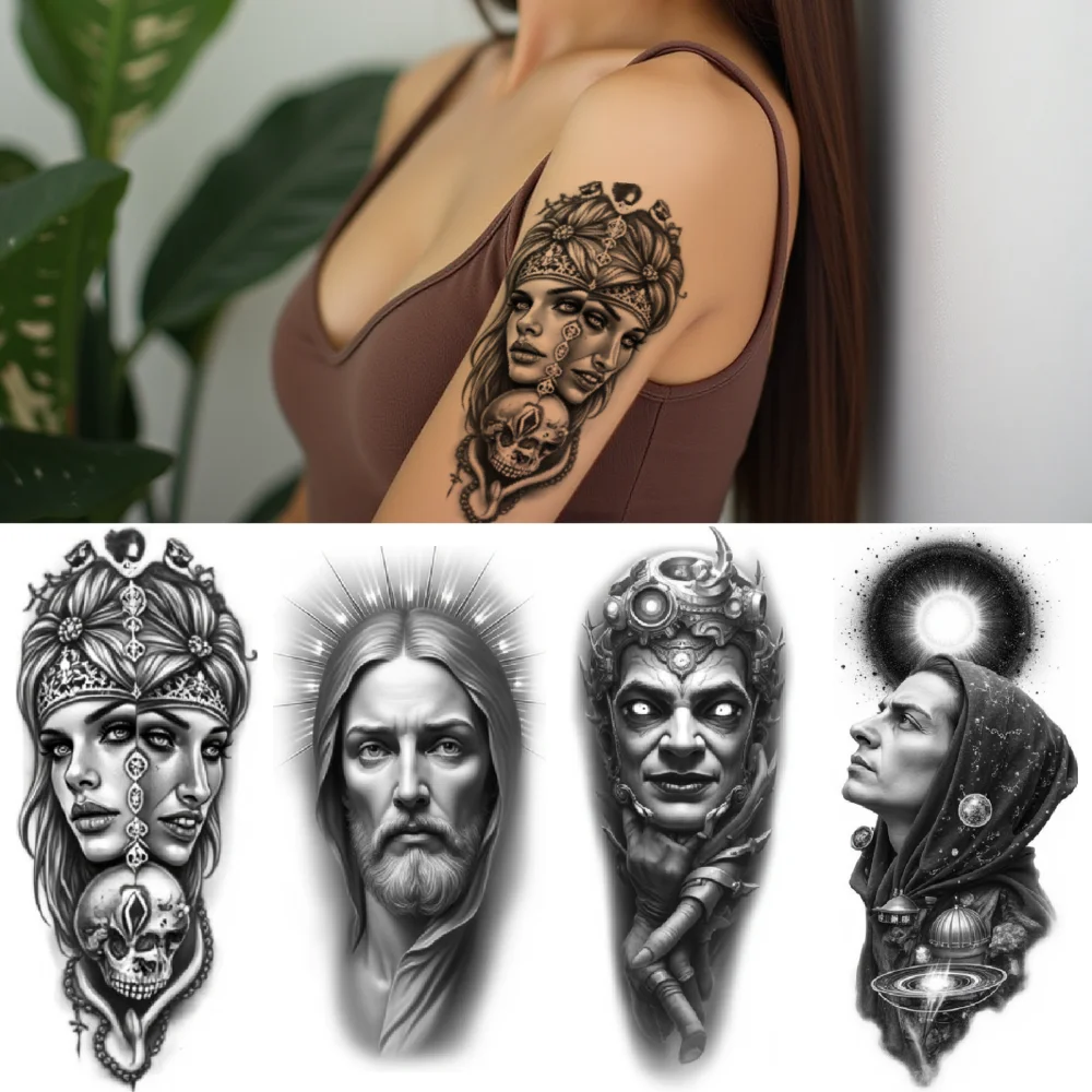12pcs Temporary Tattoo Motorcycle Goggles Waterproof Long-lasting Body Stickers Samurai Helmet Eagle Headdress For Adults Arms