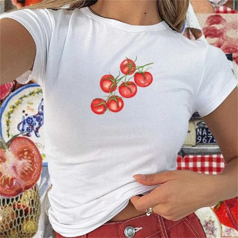 Womens Y2k Fruit Print Crop Tops Fairy Grunge Short Sleeve Crew Neck Slim Fit Baby Tee Teen Girls Cute Aesthetic Streetwear