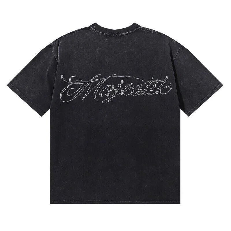 MAJESTIK Stylized Jackal Character Print Washed Weathered Embroidered Diamond Trendy Loose-Fitting Short-Sleeved T-Shirt Ins