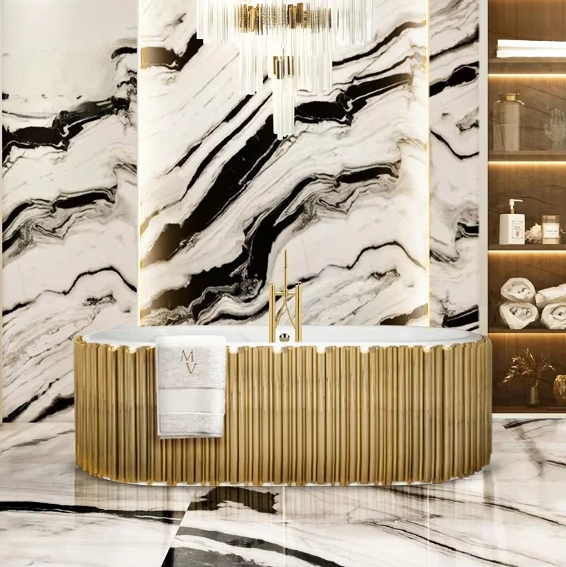 Luxury Solid Surface Oval Bathtub With Faucet Gold Stainless Steel Cylindrical Bathtubs Freestanding White Acrylic Bathtub