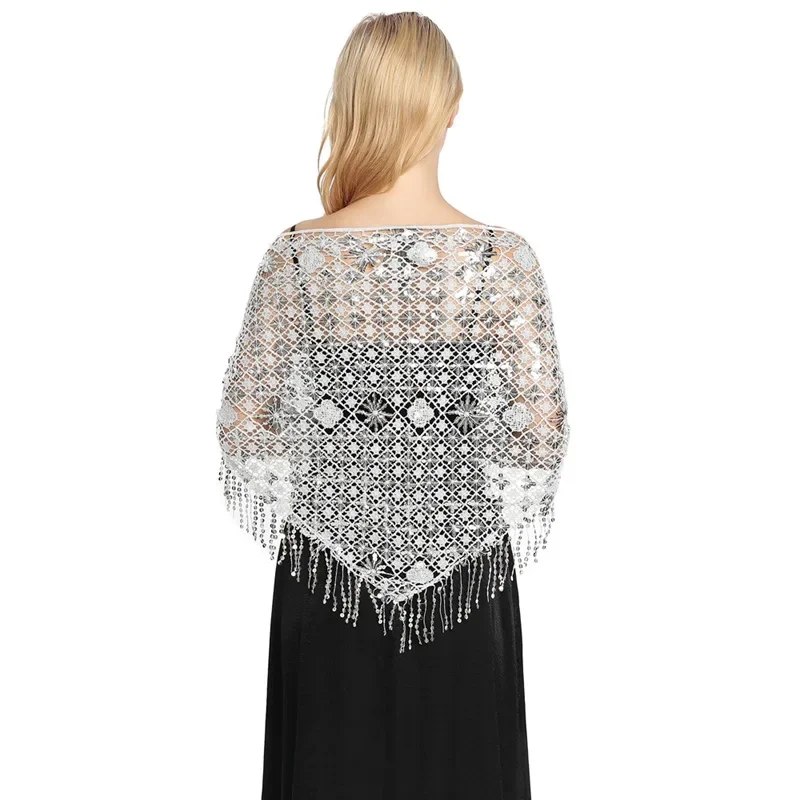 Spring Autumn Style Sequin Tassel Scarf Sequin Cape Dinner Party Capes Women Tassel Cape Cloak Lady Ponchos White