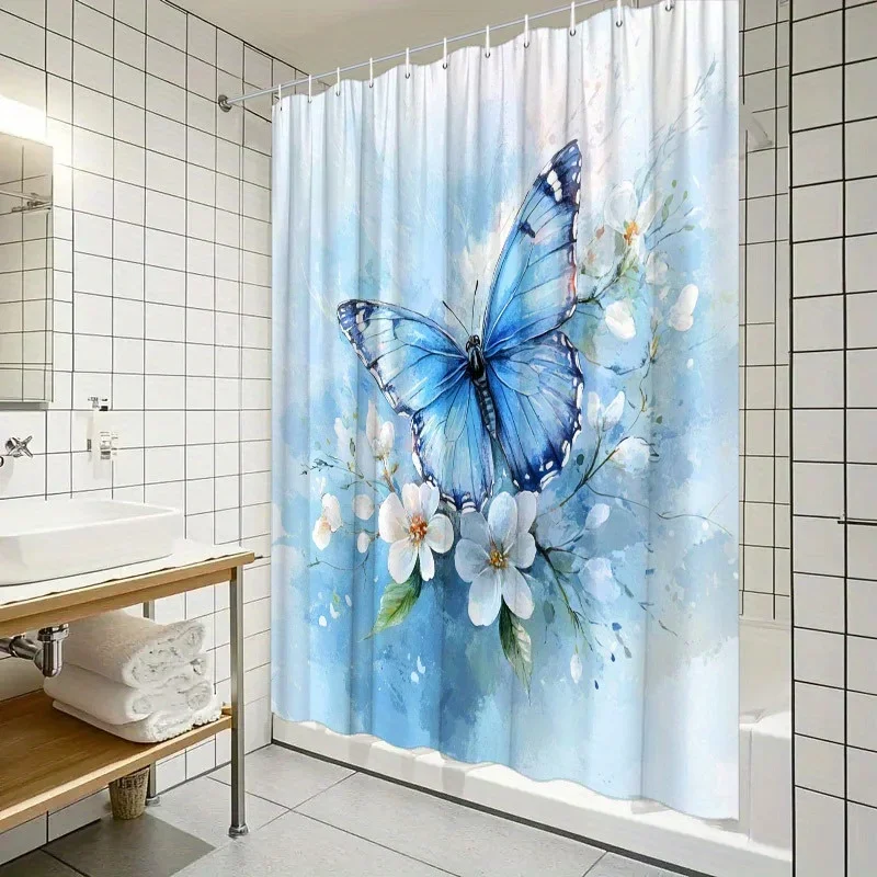 

1pc Blue Butterfly Shower Curtain - Soft Watercolor Background, White Flowers, 12 Hooks, Washable, Polyester