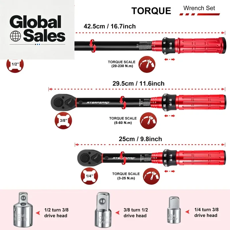 Torque Wrenches Set 1/4 3/8 1/2 Inch Drive Click, Torque Wrench Bike Moto Auto 3-25NM 5-60NM 20-230NM