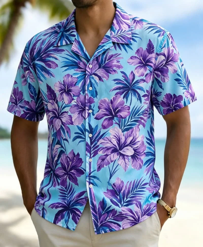 Men's tropical oil painting floral print Hawaiian shirt, for summer travel, pool parties, casual styling, and street wear