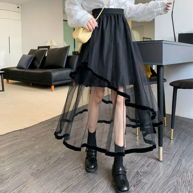 

Y2K Irregular Mesh Skirt Women Korean Fashion Patchwork A Line Midi Skirt Streetwear Gothic High Waist All Match Ball Gown Skirt