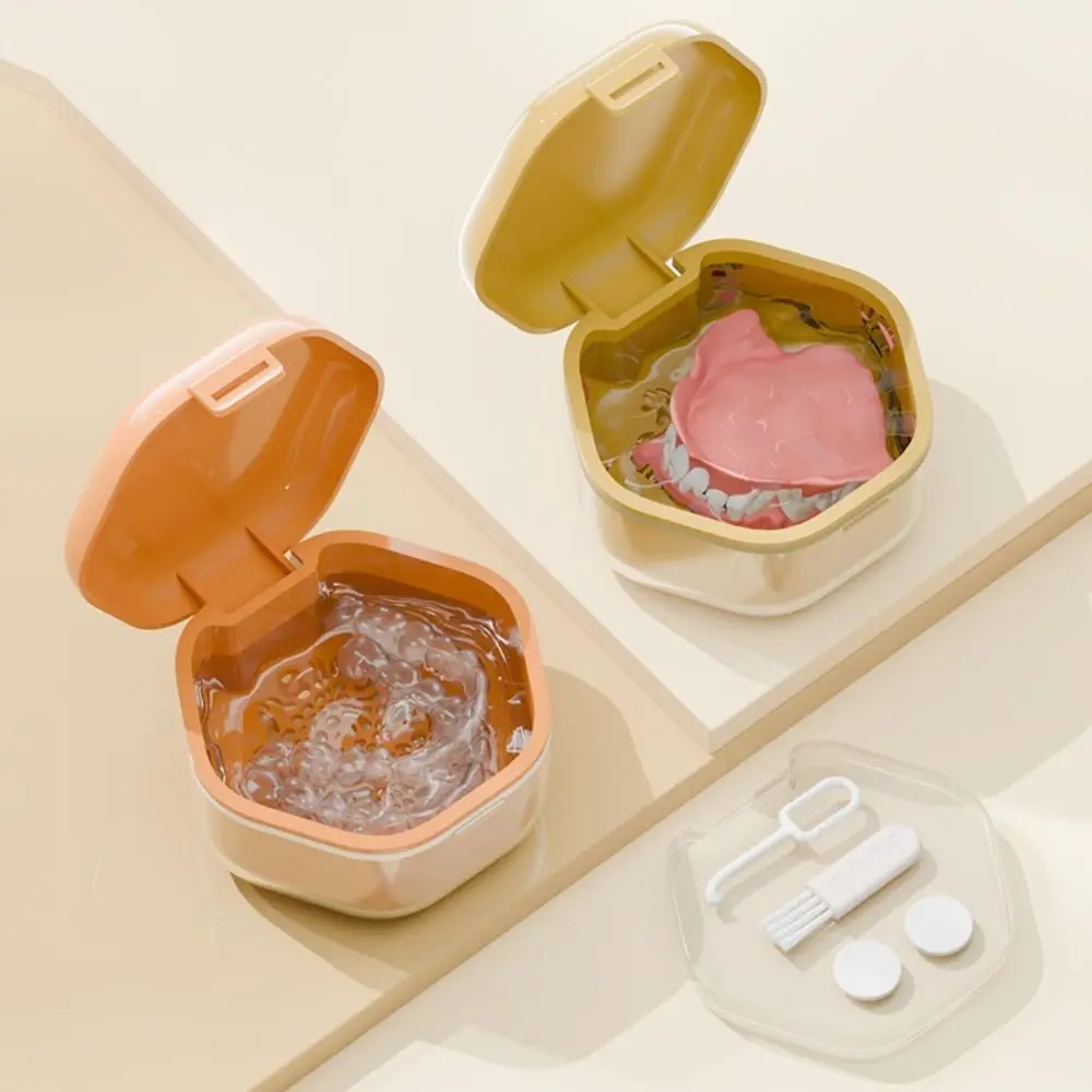 Invisible Orthodontic Retainer Case Sealed Portable Denture Cleaner Box Denture Cleaning 2 Layer False Teeth Container
