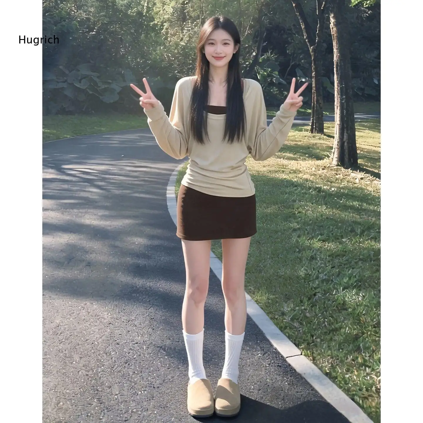 Ladies Coordinated Clothing Set Relaxed Fit Long Sleeve Cover Up And Brown Camisole Short Dress Simple Fashion Daily Wear