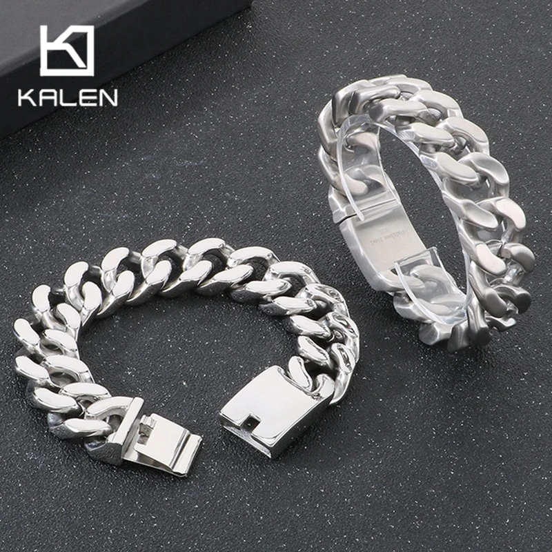 Kalen 20MM 316L Stainless Steel Tangent Chain Chunky Bracelet for Men Polished Black/Gold Color Tick Jewelry Rock Party Bangle