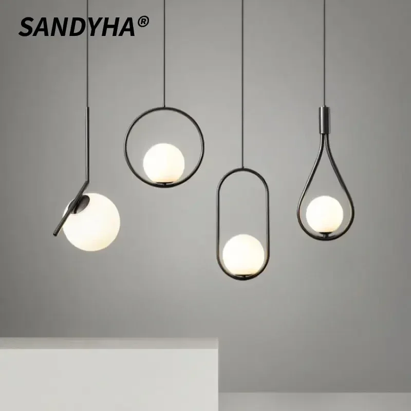 

SANDYHA Black Gold Modern Glass Ball LED Pendant Lamp Single Head Bedroom Dining Table Living Room Lighting Decor Accent