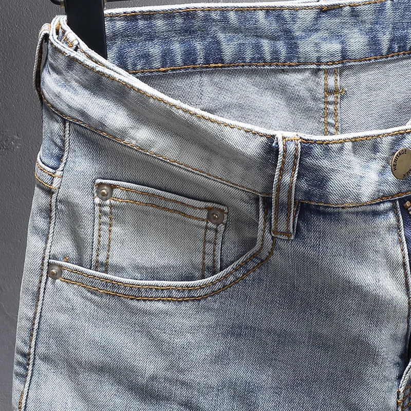 Street Designer Fashion Men Jeans Retro Light Blue Stretch Slim Fit Ripped Jeans Men Y2K Patched Vintage Denim Pants Hombre