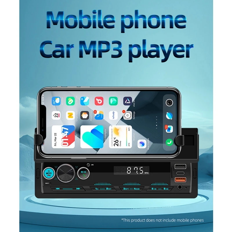 

Single Din Car Stereo MP3 Player Radio Receivers Audio With Bluetooth Handsfree USB FM AUX With Phone Holder