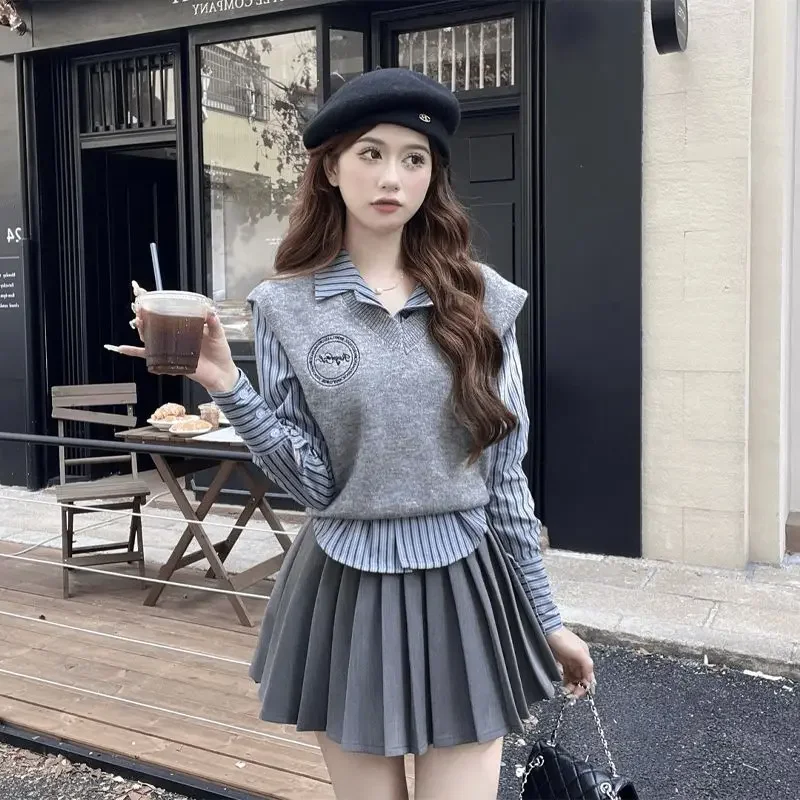 Giacca da abito uniforme scolastica Primavera Autunno Gonna a pieghe lavorata a maglia Stile college Autunno Set da tre pezzi Set uniforme da donna